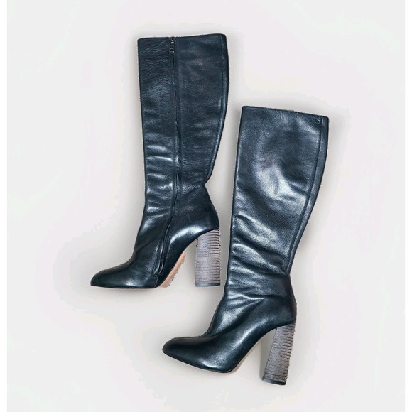 Chloe Shoes - Chloe Tall Boots Black Leather Wooden Stacked Heel Size 36